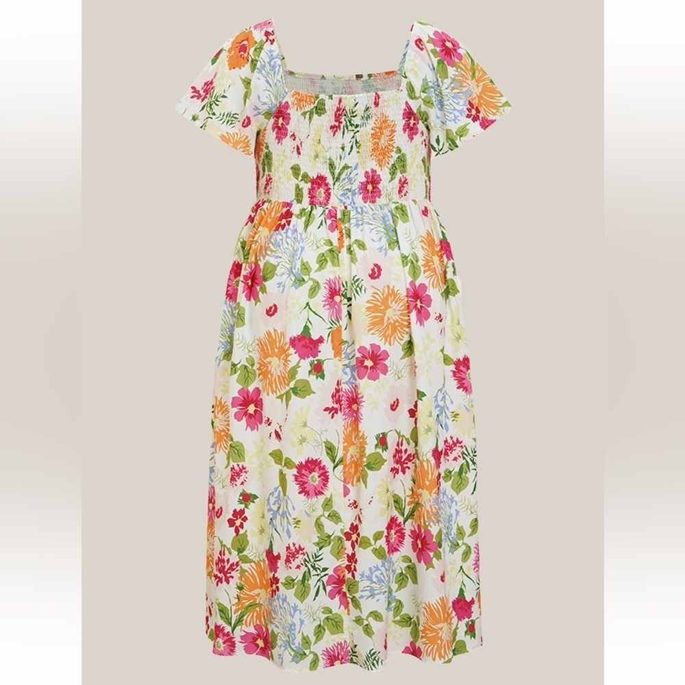 Floral Square-Neck Midi Dress in White with Multi-Color Print - Picture 6 of 7